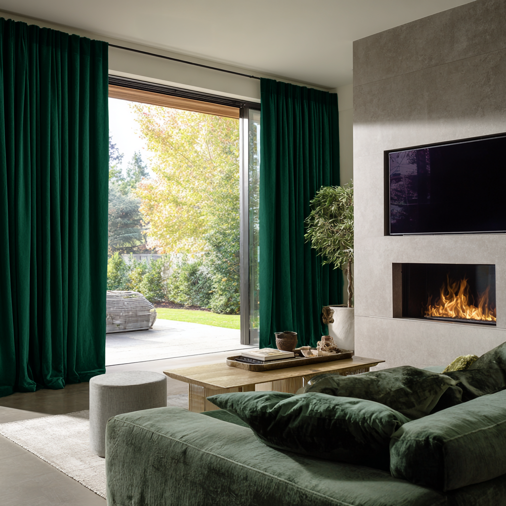 Emerald Green Velvet Back Tab Blackout Curtains for Bifold Doors in a Living Room with Cream Walls