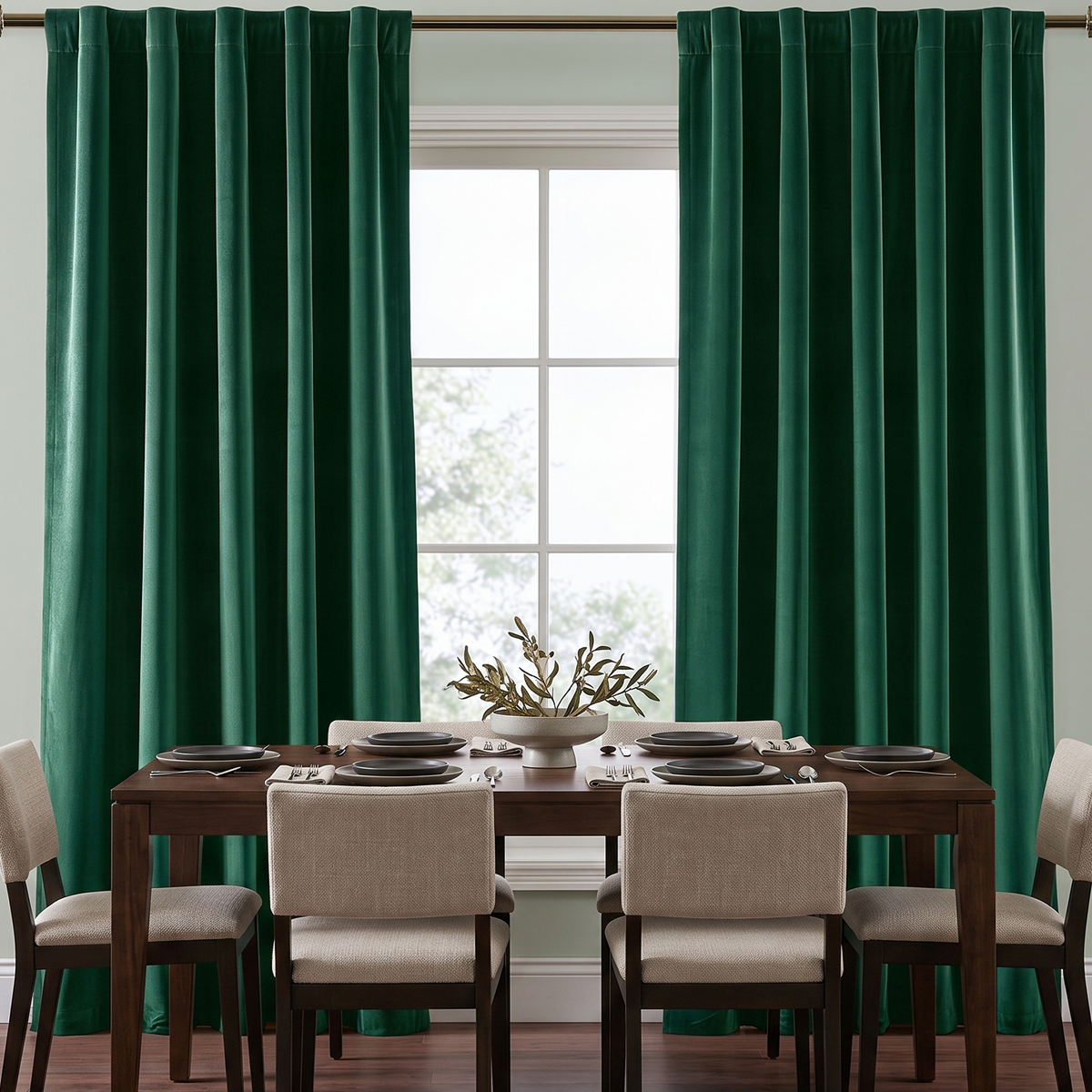 A pair of deep emerald green curtain panels hanging on a rod over a window, flanking a dining table with beige upholstered chairs in a bright, modern dining room.