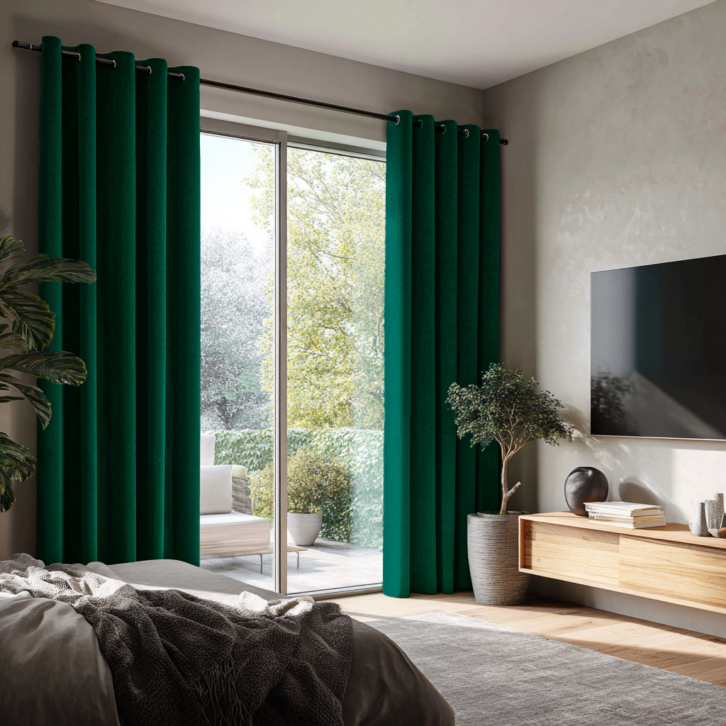 Emerald Green Velvet Eyelet Blackout Curtains for Bifold Doors in a Bedroom with Grey Walls