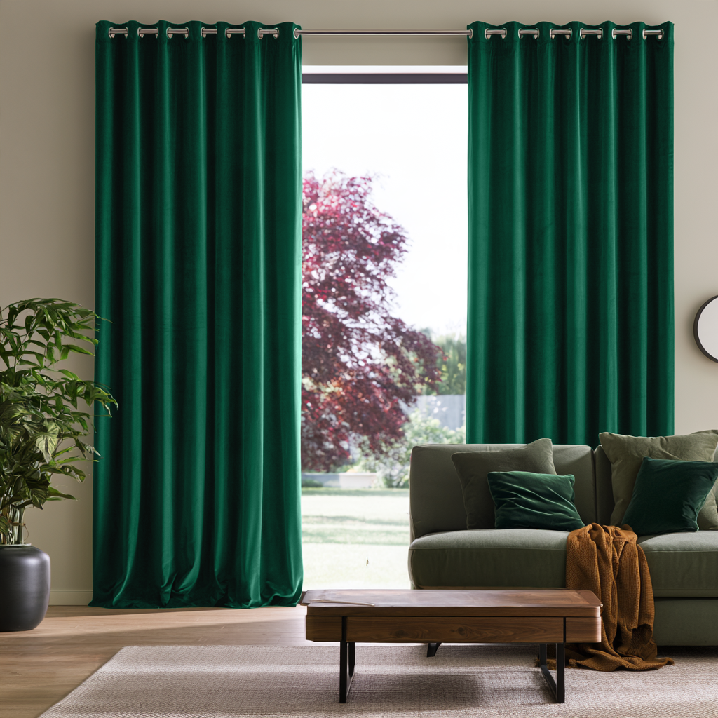 Emerald Green Velvet Eyelets Extra Long Curtains in a Modern Living Room Setting With a Green Sofa, Wooden Coffee Table, and a Potted Plant