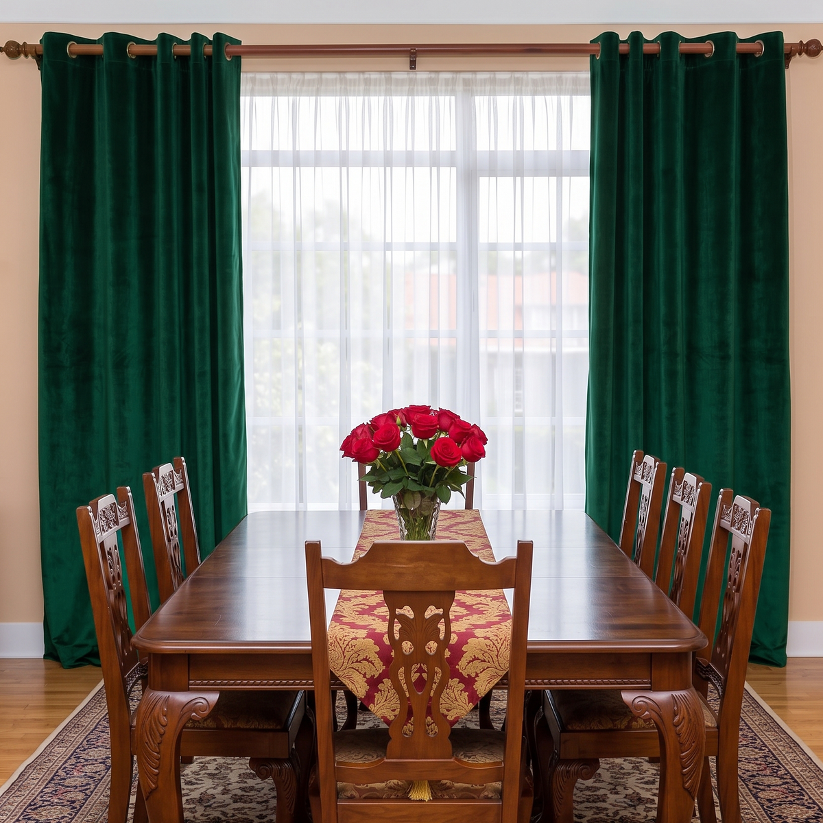 A pair of deep emerald green velvet grommet curtains hanging on a wooden rod in a dining room setting with a wooden dining table, chairs, and a vase of red roses.