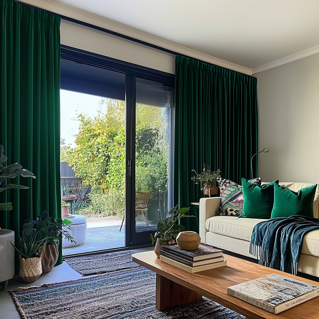 Emerald Green Velvet Pencil Pleat Blackout Curtains for Bifold Doors in a Living Room with Light Grey Walls