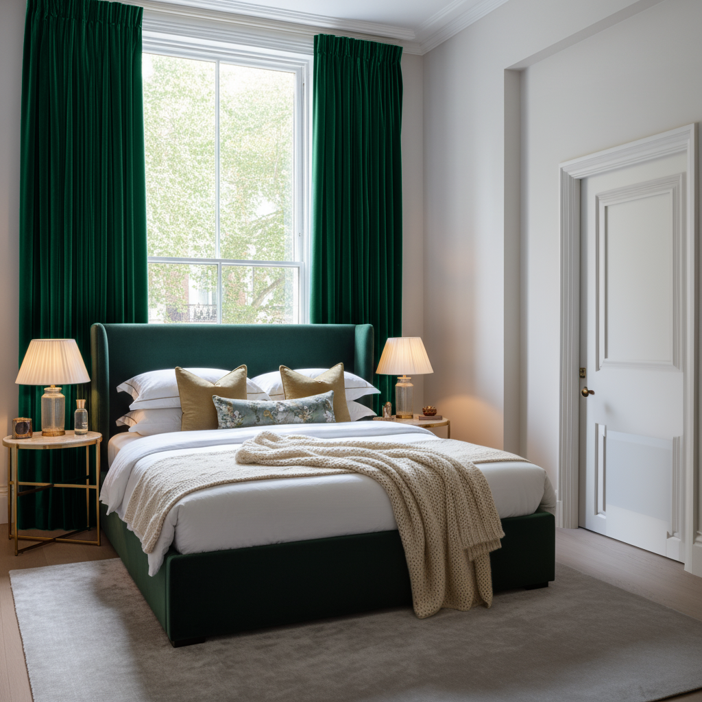 Emerald Green Velvet Pencil Pleat Blackout Curtains in a Bedroom with White Walls