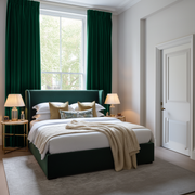 Emerald Green Velvet Pencil Pleat Blackout Curtains in a Bedroom with White Walls