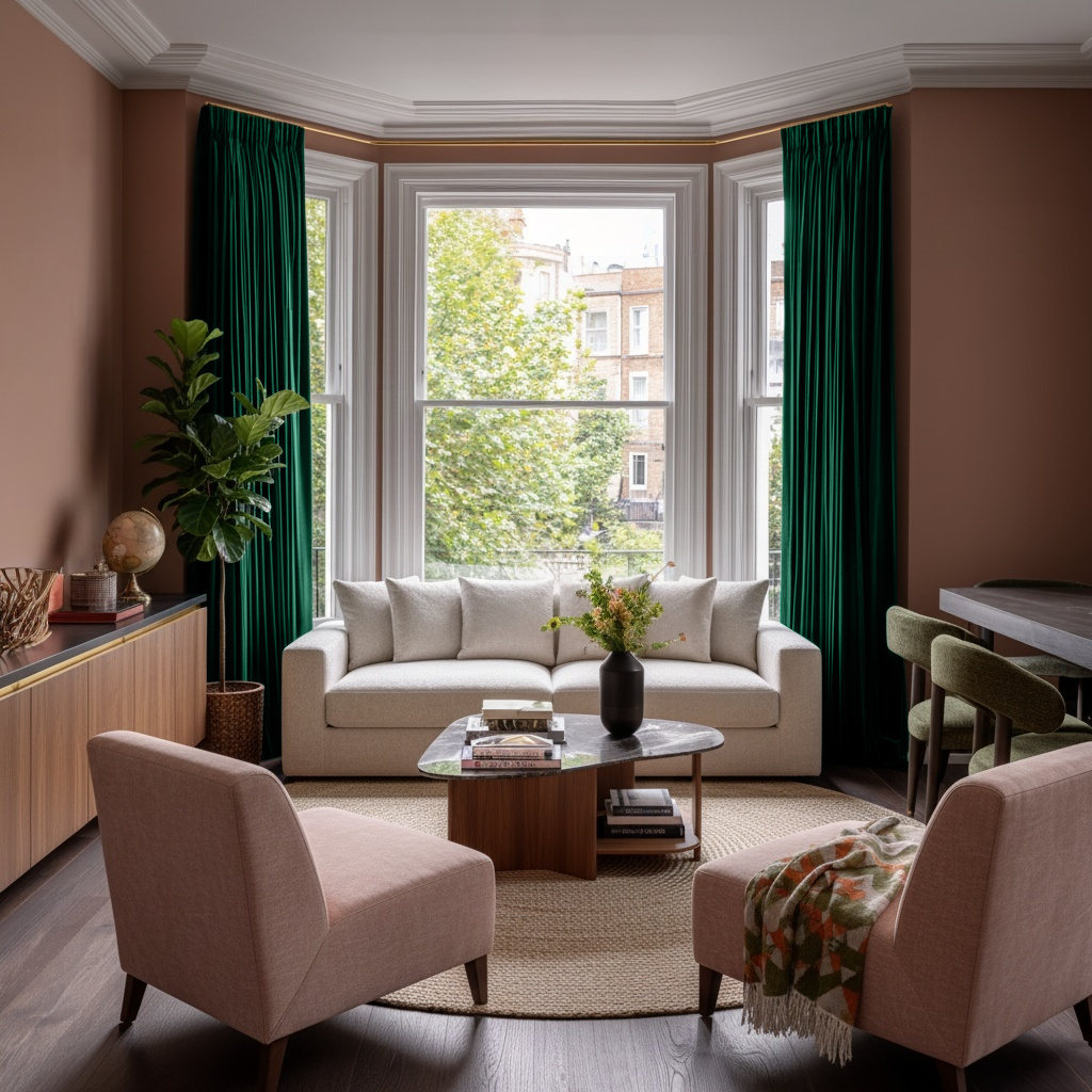 Emerald Green Velvet Pencil Pleat Blackout Curtains in a Living Room with Terracotta Walls