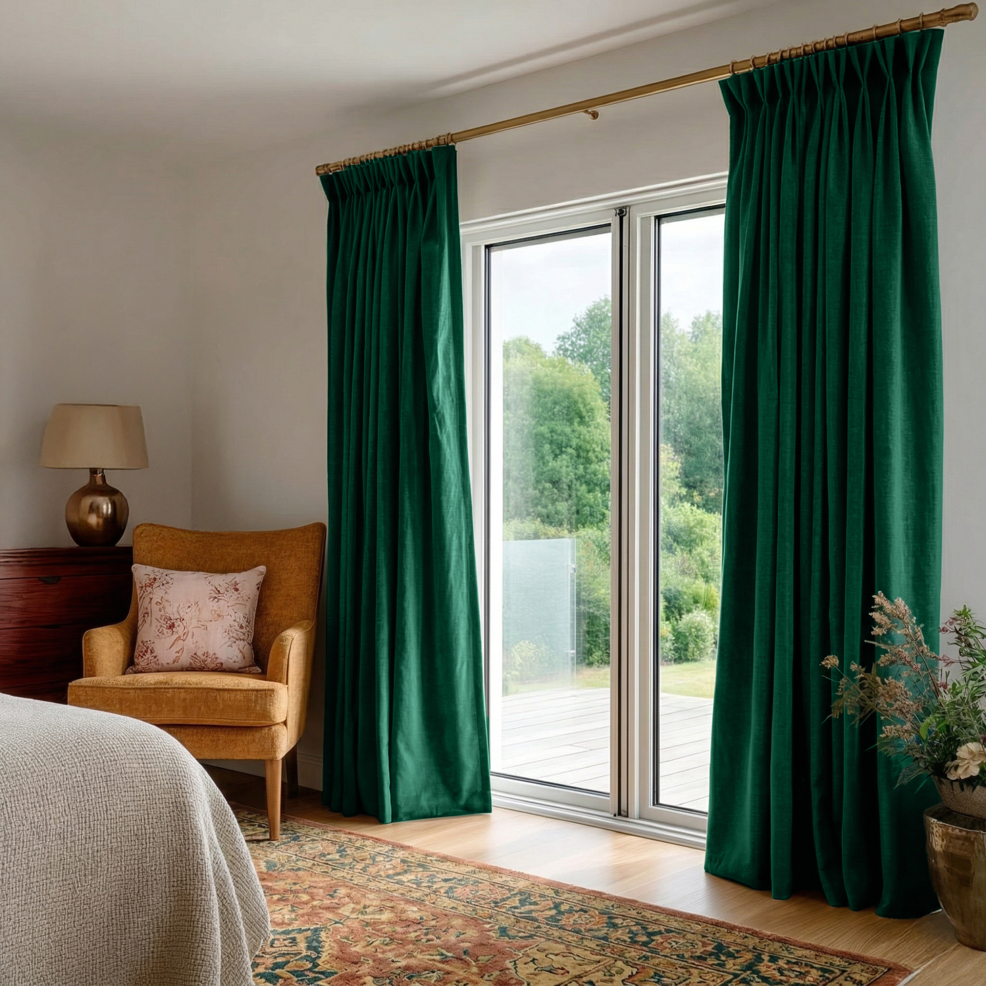 Emerald Green Velvet Pinch Pleat Blackout Curtains for Bifold Doors in a Bedroom with Off-White Walls