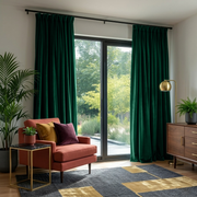 Emerald Green Velvet Pinch Pleat Blackout Curtains for Sliding Doors in a Living Room with Off-White Walls