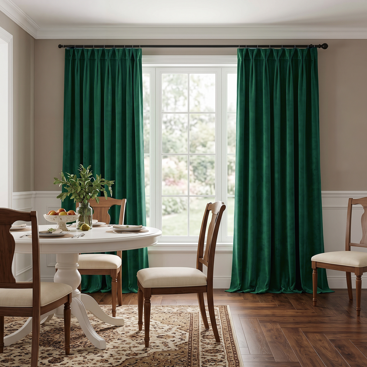 A pair of deep emerald green curtain panels hanging on a black rod over a tall white window in a styled dining room with a white table, wooden chairs, and a patterned rug.