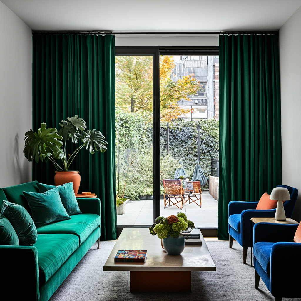 Emerald Green Velvet S-Fold Blackout Curtains for Sliding Doors in a Living Room with Light Grey Walls