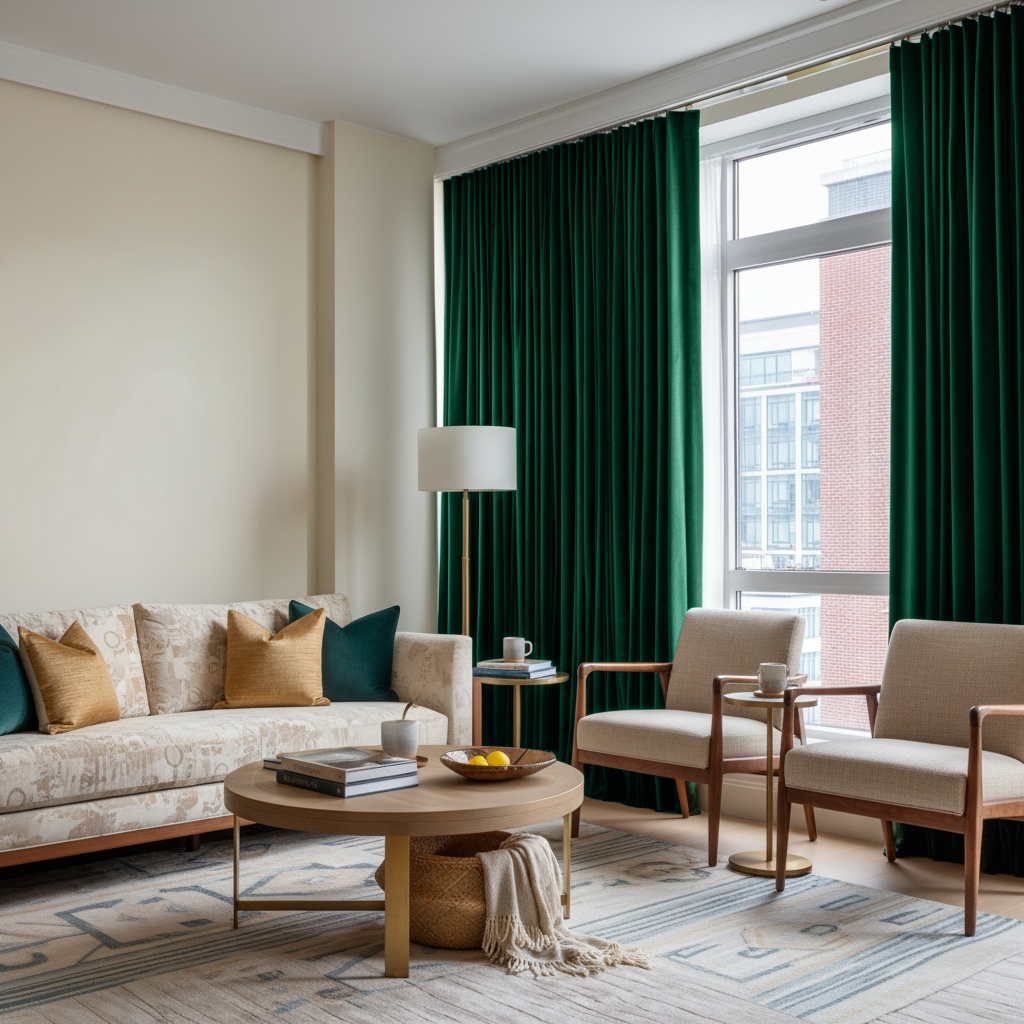 Emerald Green Velvet S-Fold Blackout Curtains in a Living Room with Cream Walls