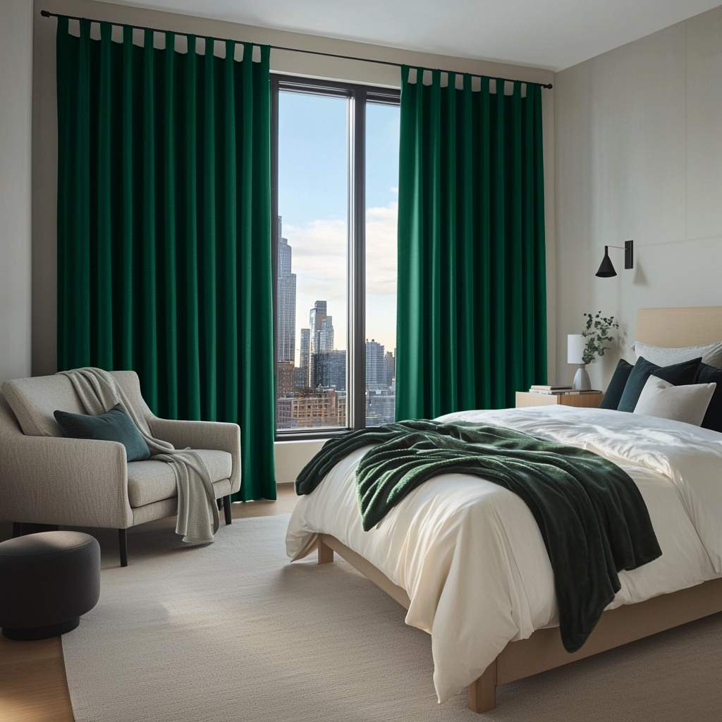 Emerald Green Velvet Tab Top Blackout Curtains in a Bedroom with Soft Grey Walls