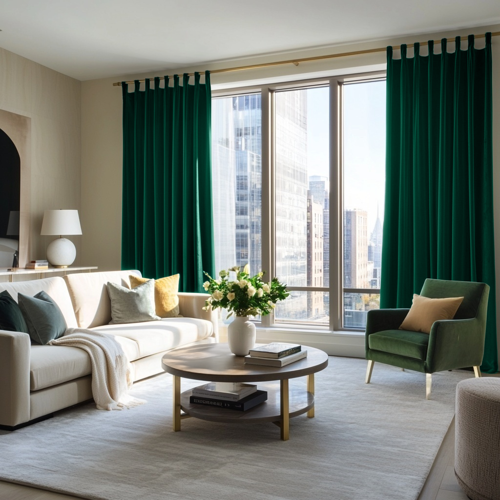 Emerald Green Velvet Tab Top Blackout Curtains in a Living Room with Beige Walls