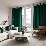 Emerald Green Velvet Tab Top Blackout Curtains in a Living Room with White Walls
