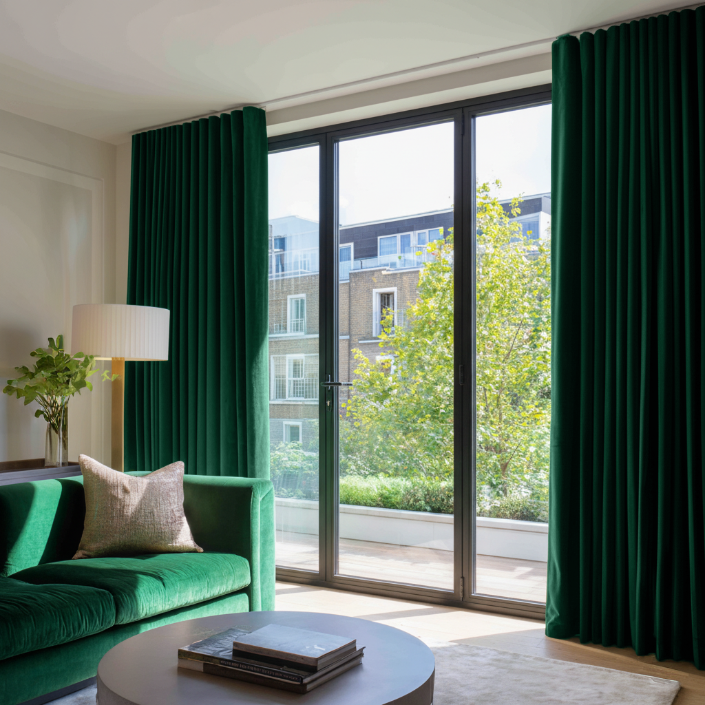 Emerald Green Velvet Wavefold Curtains for Bifold Doors