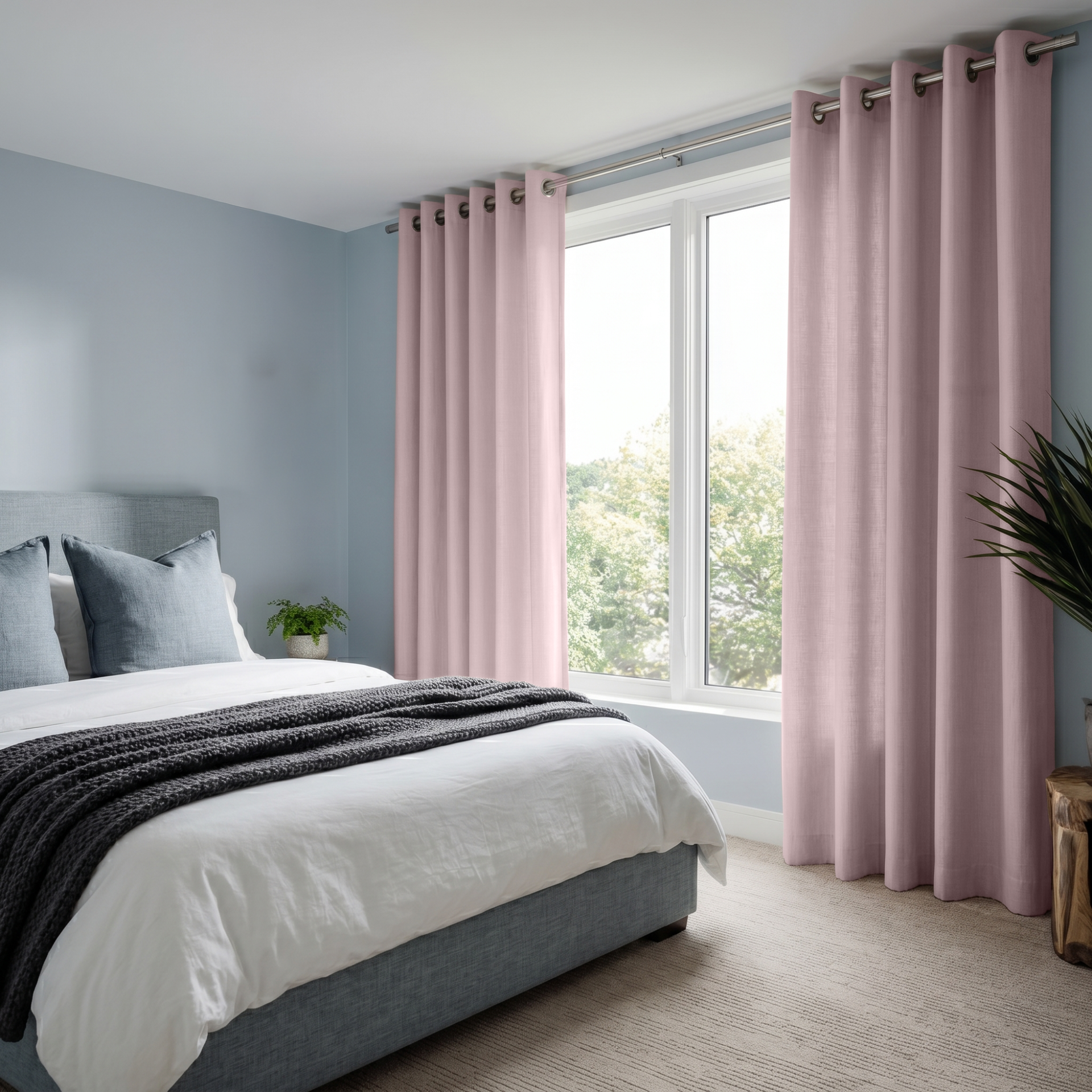 Dusty Pink Linen Eyelet Bedroom Curtains in a Calm Bedroom with Blue Grey Walls, White Bedding and a Charcoal Knit Throw - Cotton Lining