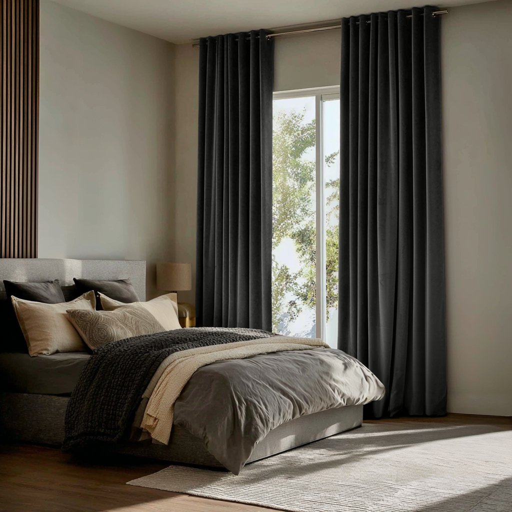 Dark Grey Velvet Eyelet Curtains in a Modern Bedroom with Layered Neutral Bedding