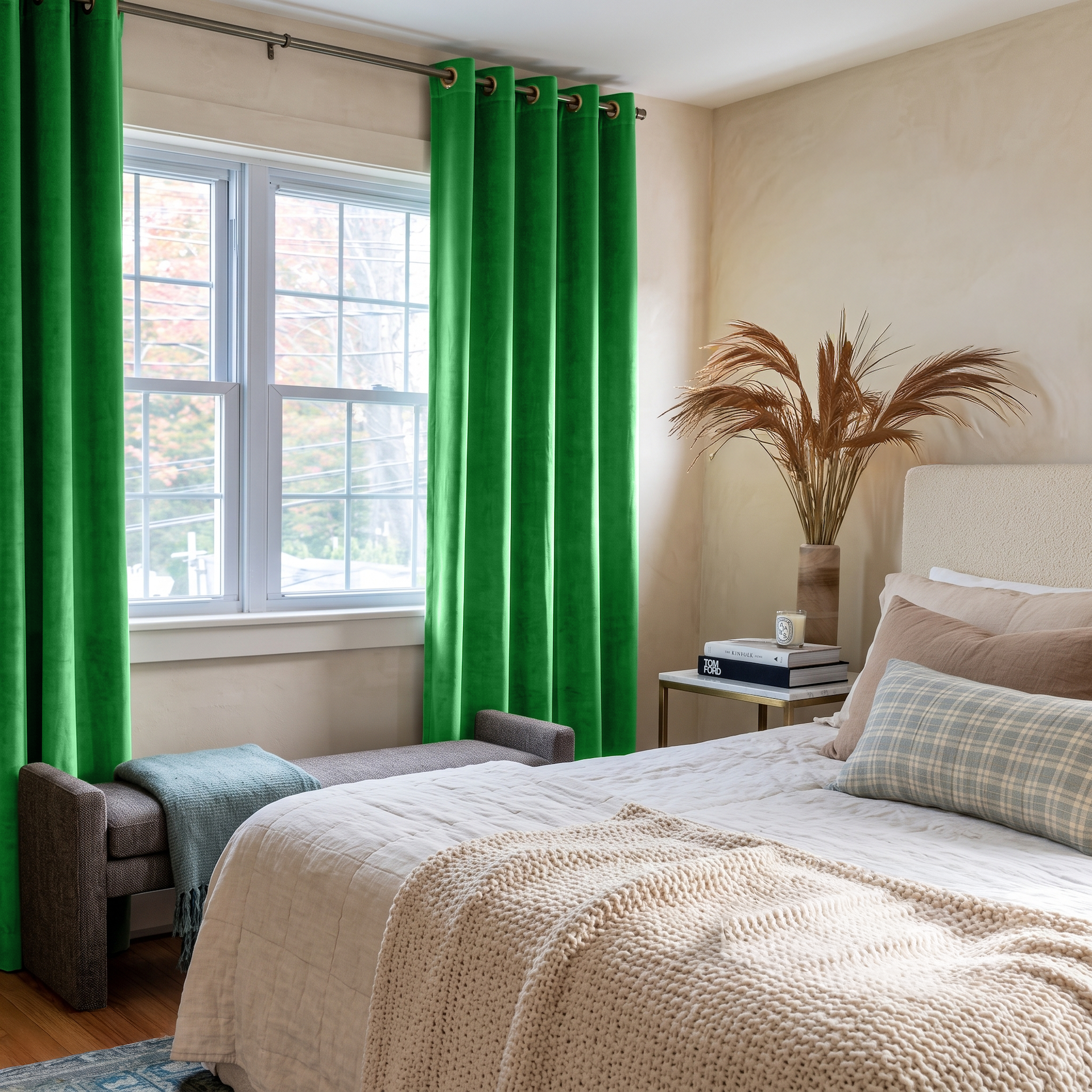Lime Green Velvet Eyelet Curtains in a Cozy Bedroom with Cream Walls and White Bedding