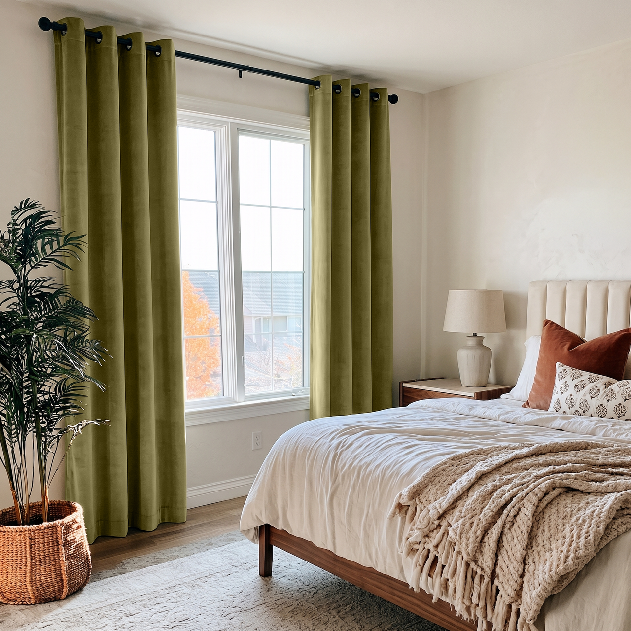 Moss Green Velvet Eyelet Curtains in a Cozy Bedroom with Cream Walls and White Bedding