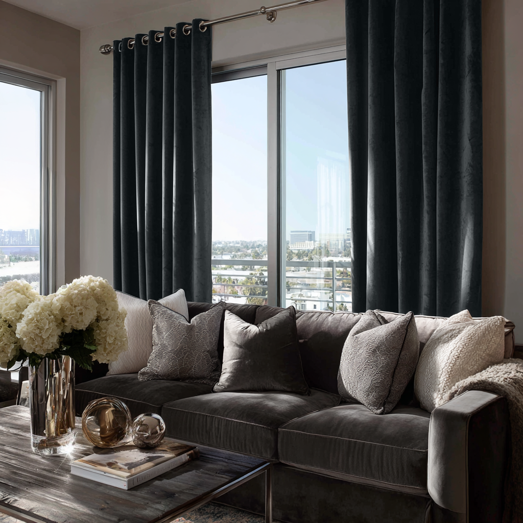 Steel Black Velvet Eyelet Curtains in a Contemporary High-Rise Living Room with a Charcoal Sofa