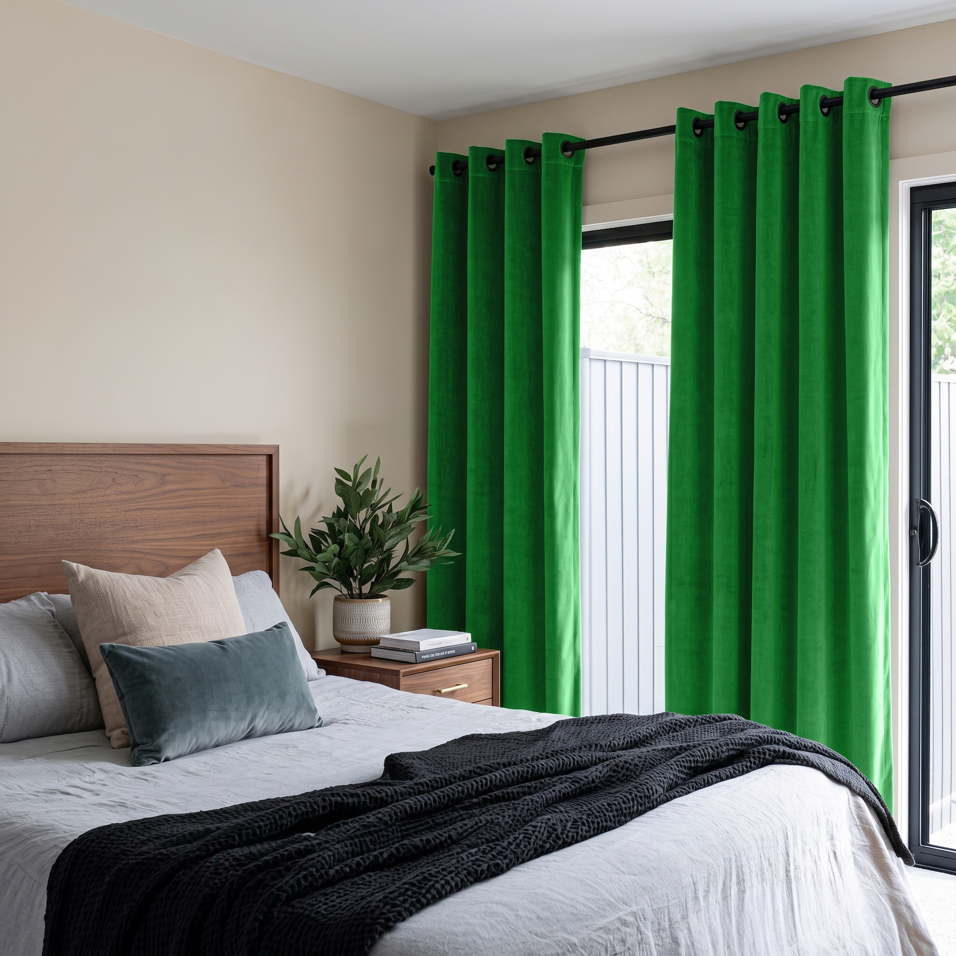 Lime Green Velvet Eyelet Curtains in a Modern Bedroom with Beige Walls and Grey Bedding