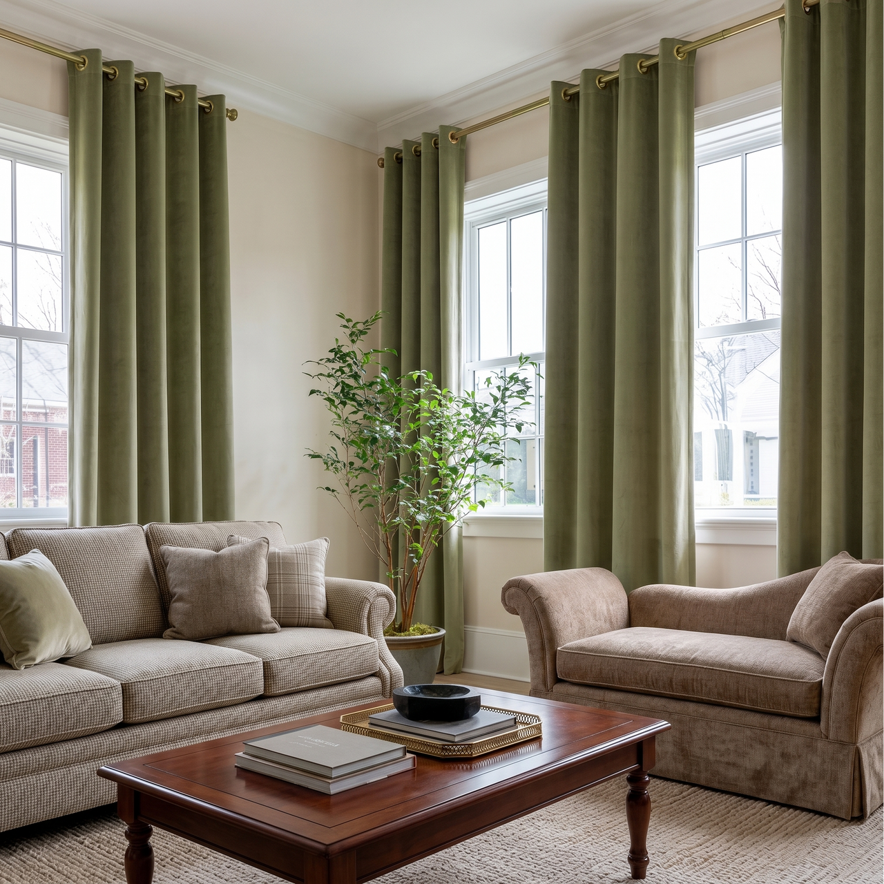 Olive Green Velvet Eyelet Curtains in a Traditional Living Room with Cream Walls