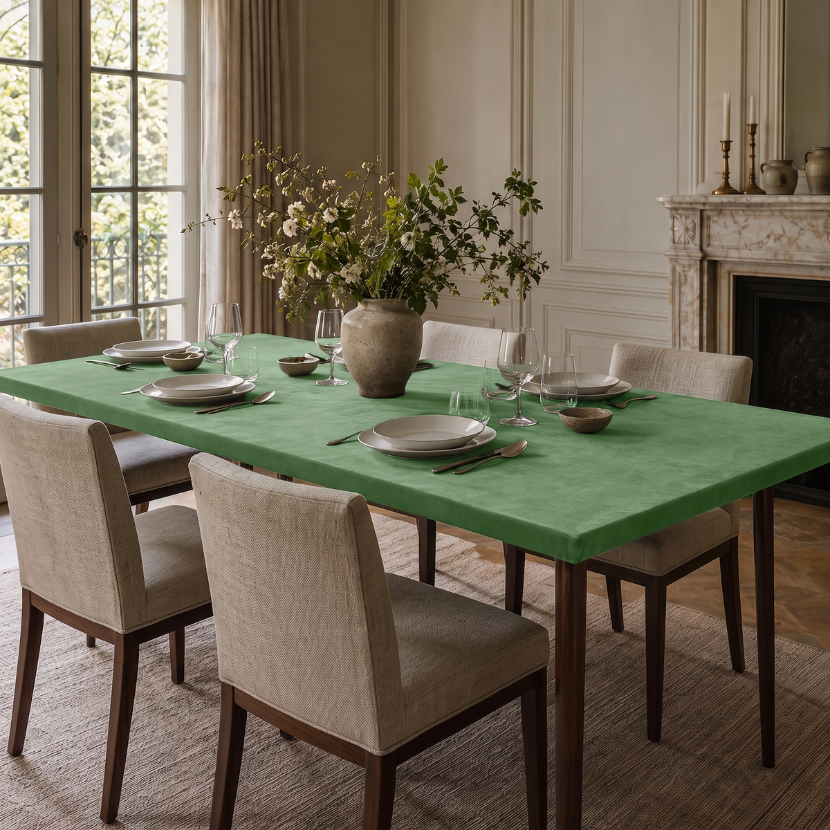Fern Green Fitted Rectangular Velvet Tablecloth in a Transitional Dining Room with a Marble Fireplace and Cream Upholstered Chairs