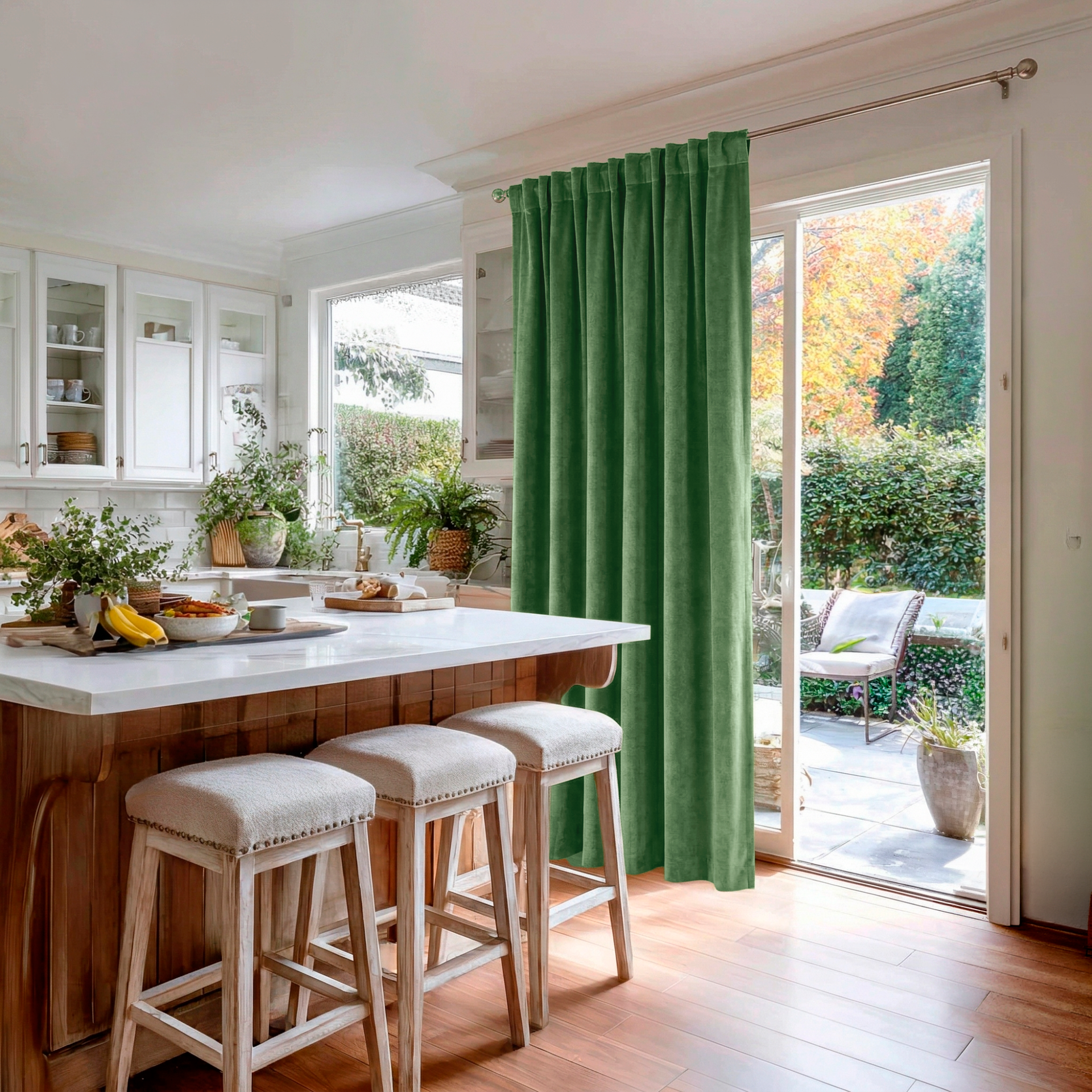 Fern Green Velvet Back Tab Blackout Curtains for Sliding Doors in a Kitchen with Off-White Walls