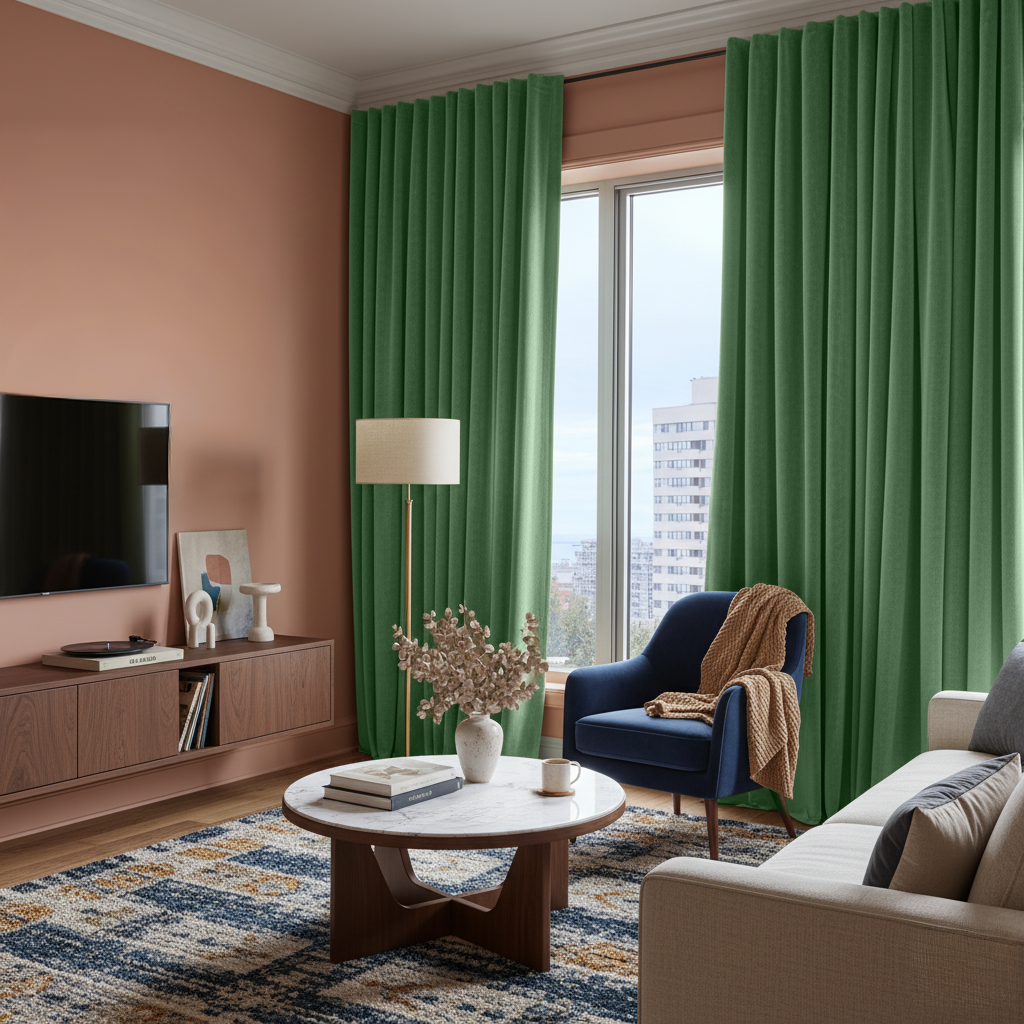 Fern Green Velvet Back Tab Blackout Curtains in a Living Room with Terracotta Walls