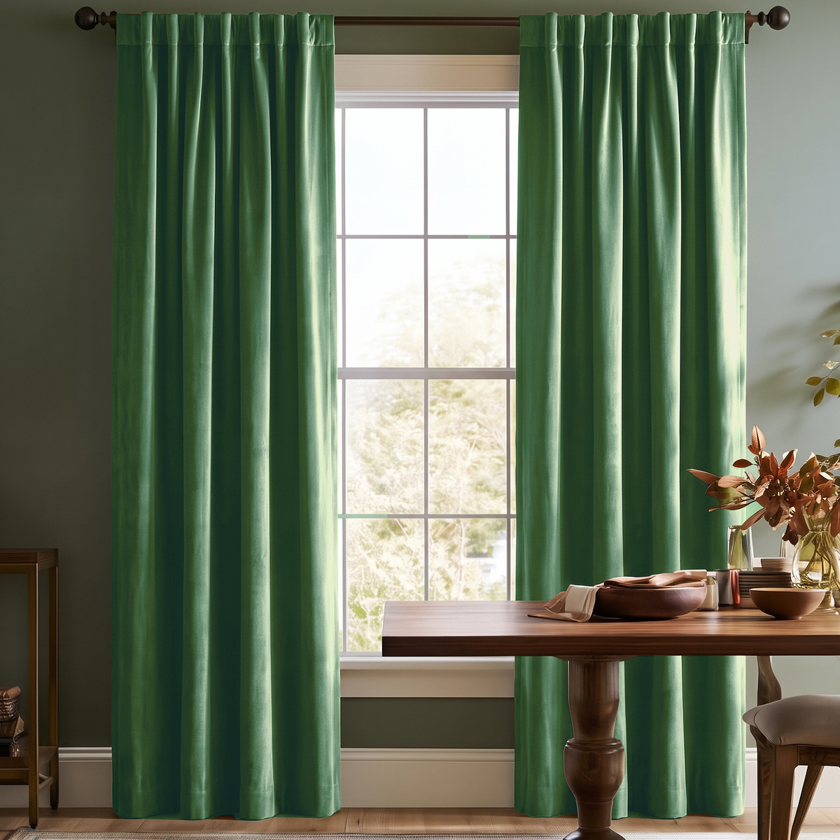A pair of green curtain panels hanging on a dark rod over a tall window in a dining room setting with a wooden table and chairs visible in the foreground.