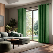 Fern Green Velvet Eyelet Blackout Curtains for Sliding Doors in a Living Room with Grey Walls