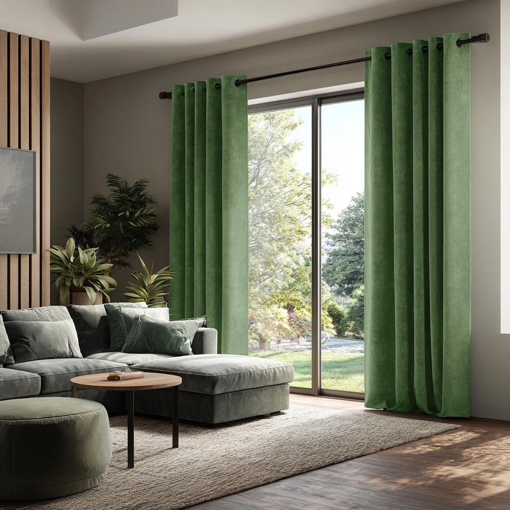 Fern Green Velvet Eyelet Blackout Curtains for Sliding Doors in a Living Room with Grey Walls