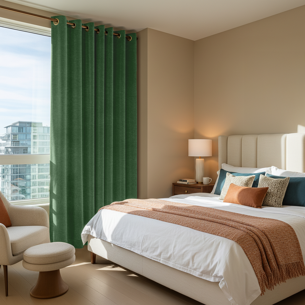 Fern Green Velvet Eyelet Blackout Curtains in a Bedroom with Cream Walls
