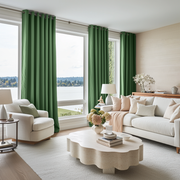 Fern Green Velvet Eyelet Blackout Curtains in a Living Room with Blush Pink Walls