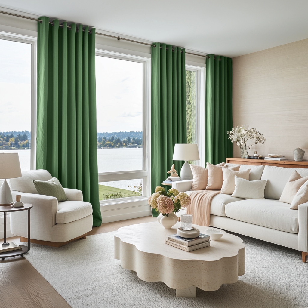 Fern Green Velvet Eyelet Blackout Curtains in a Living Room with Blush Pink Walls
