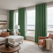 Fern Green Velvet Eyelet Blackout Curtains in a Living Room with White Walls