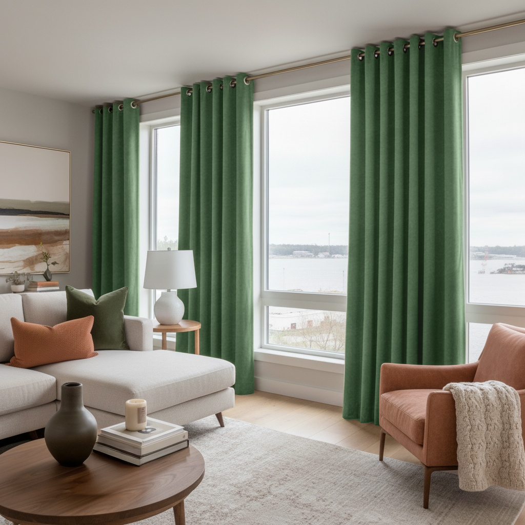 Fern Green Velvet Eyelet Blackout Curtains in a Living Room with White Walls
