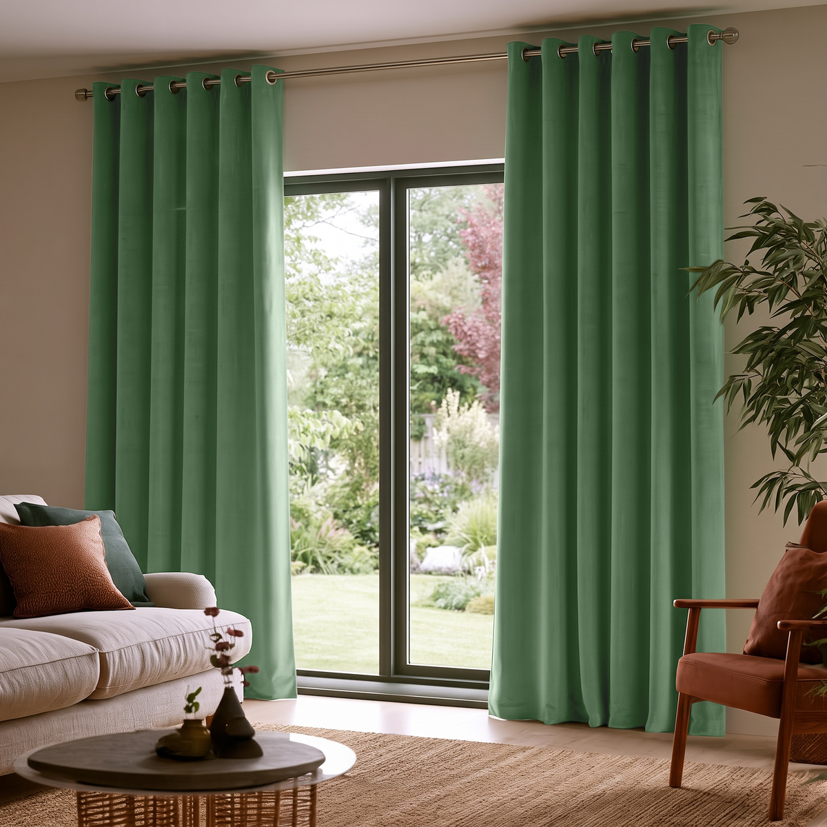 Fern Green Velvet Eyelets Extra Long Curtains in a Contemporary Living Room with Sliding Glass Doors and Garden View