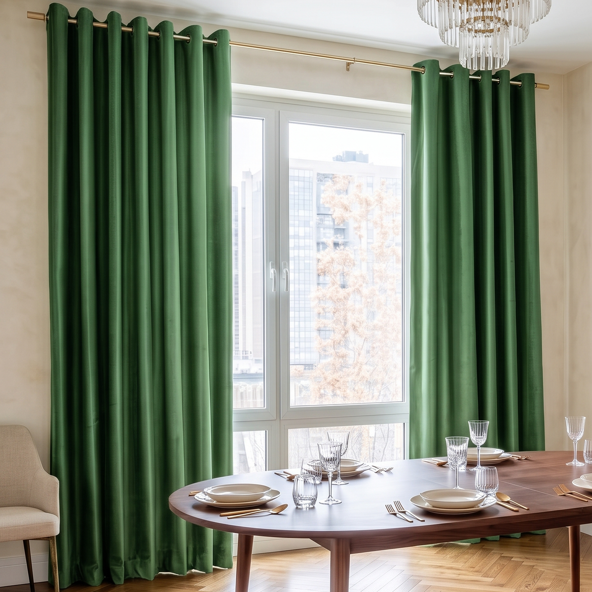 A pair of deep forest green grommet curtains hanging on a gold rod in a dining room setting with a wooden table, chairs, and a window view.