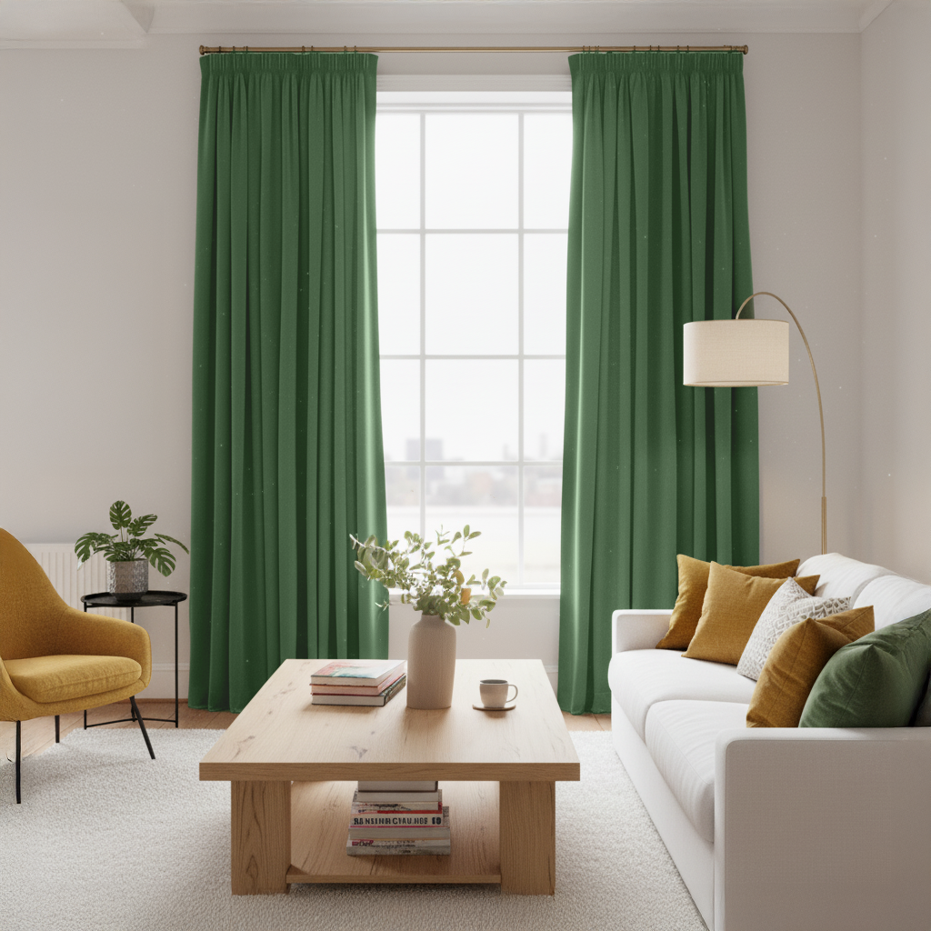 Fern Green Velvet Pencil Pleat Blackout Curtains in a Living Room with White Walls