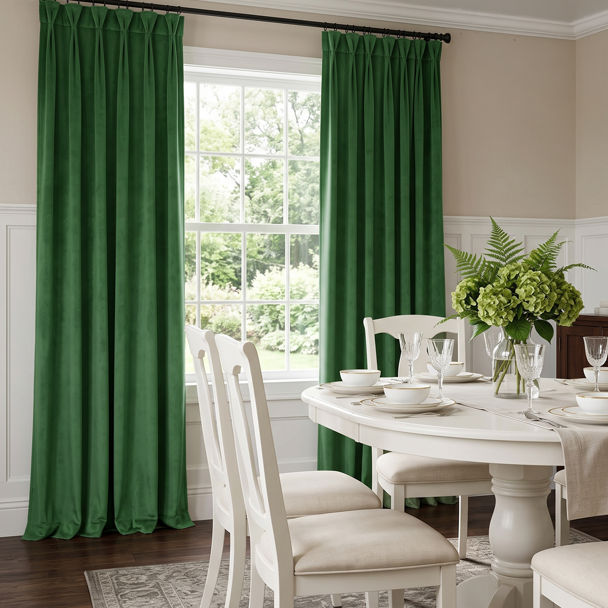 A pair of deep forest green curtain panels hanging on a dark rod in a bright dining room with a white table, chairs, and a window behind them.