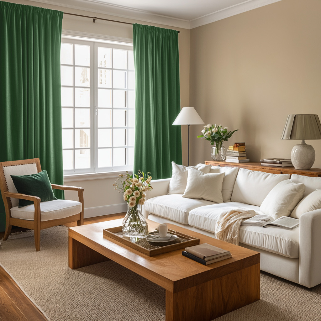 Fern Green Velvet Rod Pocket Blackout Curtains in a Living Room with Warm Beige Walls