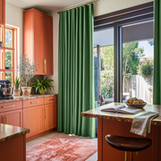 Fern Green Velvet S-Fold Blackout Curtains for Sliding Doors in a Kitchen with White Walls