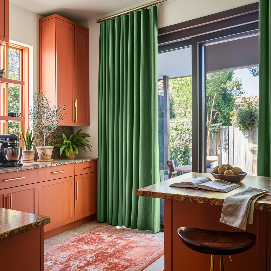 Fern Green Velvet S-Fold Blackout Curtains for Sliding Doors in a Kitchen with White Walls