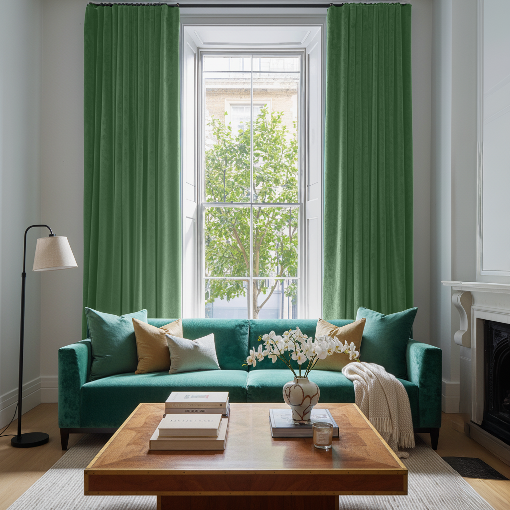 Fern Green Velvet S-Fold Blackout Curtains in a Living Room with White Walls