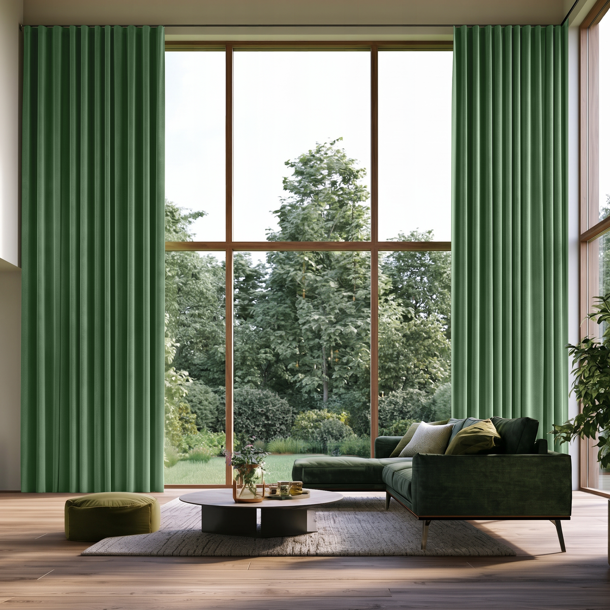 Fern Green Velvet S-Fold Extra Long Curtains in a Modern Living Room with a Green Sofa, Wooden Floor, and Garden View