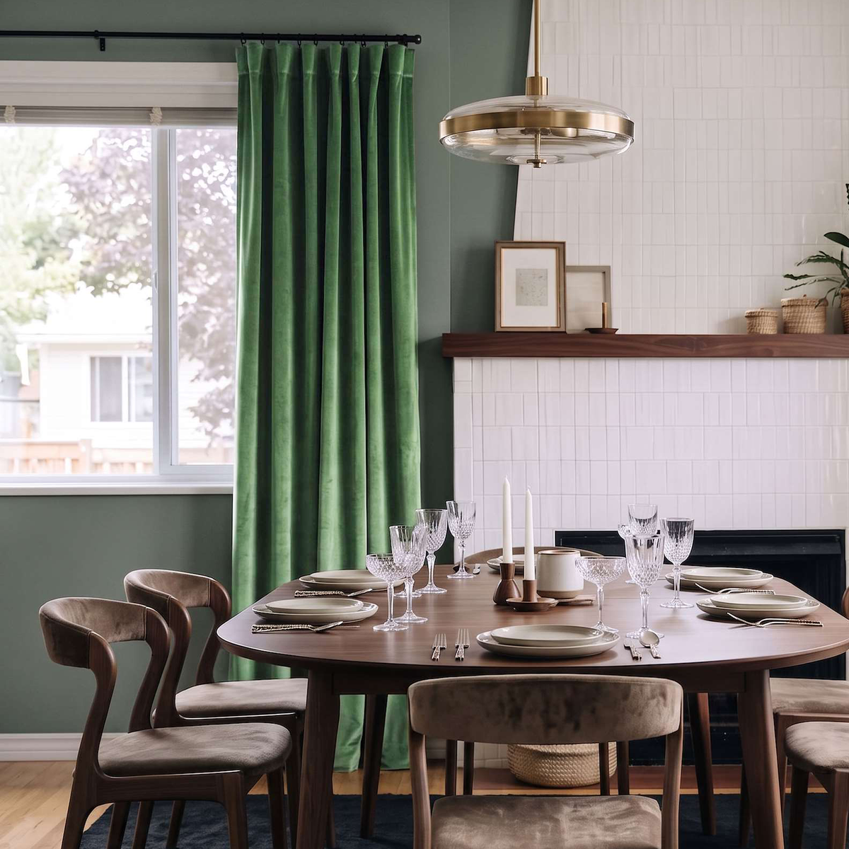 A styled dining room scene featuring a pair of forest green velvet curtains hanging next to a window with a view of trees outside. The room has a round wooden dining table set with plates and wine glasses, matching wooden chairs, a brass pendant light, and a white shiplap wall with a fireplace.
