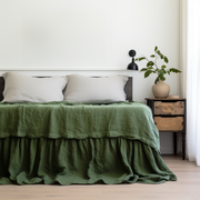 Forest Green Linen Bed Skirt Valance with Gathered Ruffles