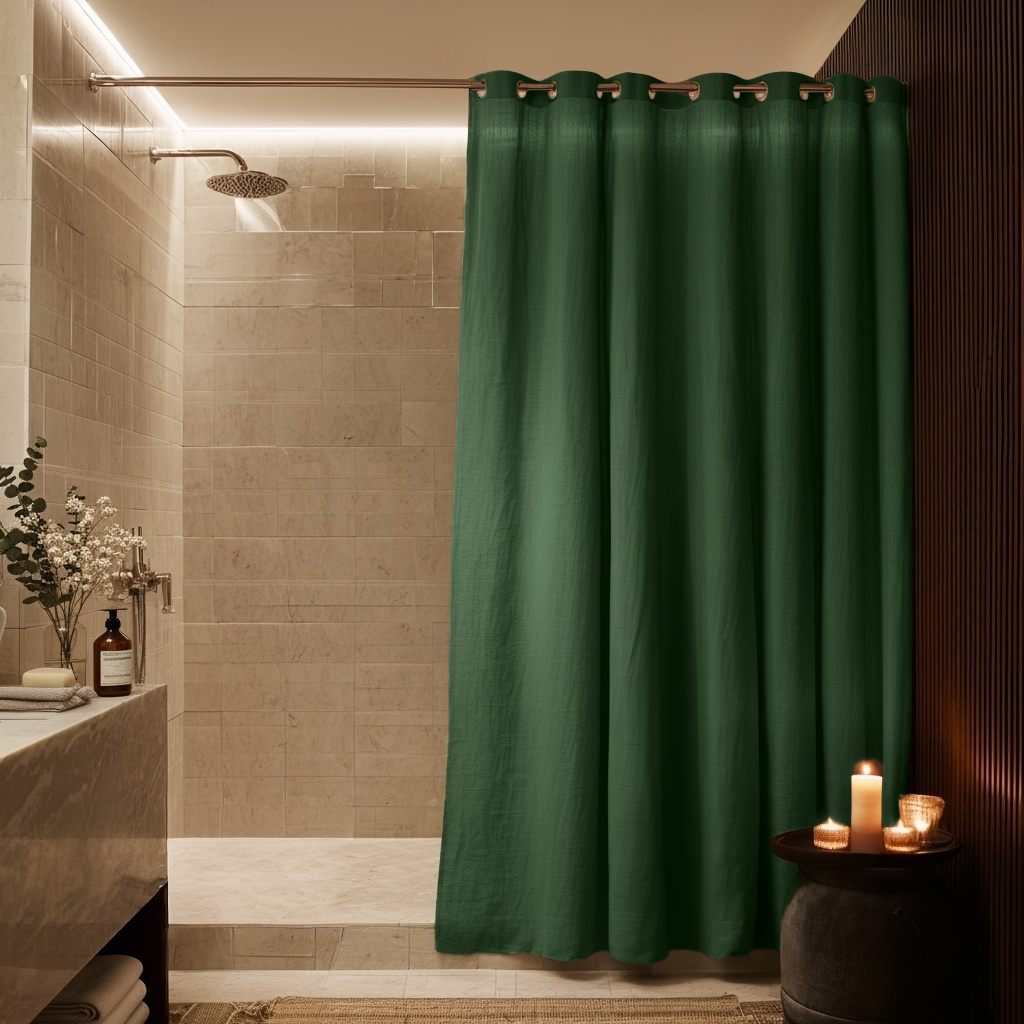 Forest Green Hookless Linen Shower Curtain