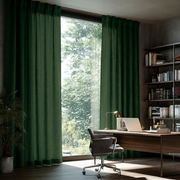 Forest Green Linen Back Tab Curtains for Bifold Doors in an Office Room with Charcoal Walls - Cotton Lining