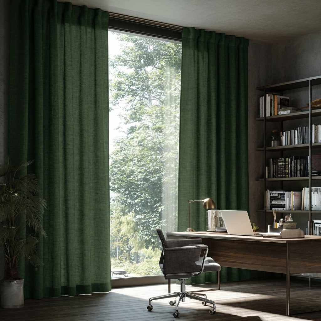 Forest Green Linen Back Tab Curtains for Bifold Doors in an Office Room with Charcoal Walls - Cotton Lining